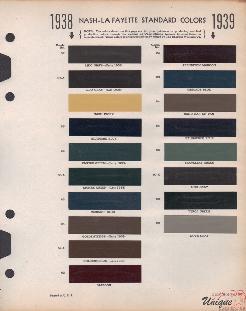 1938 Nash Paint Charts Williams 1